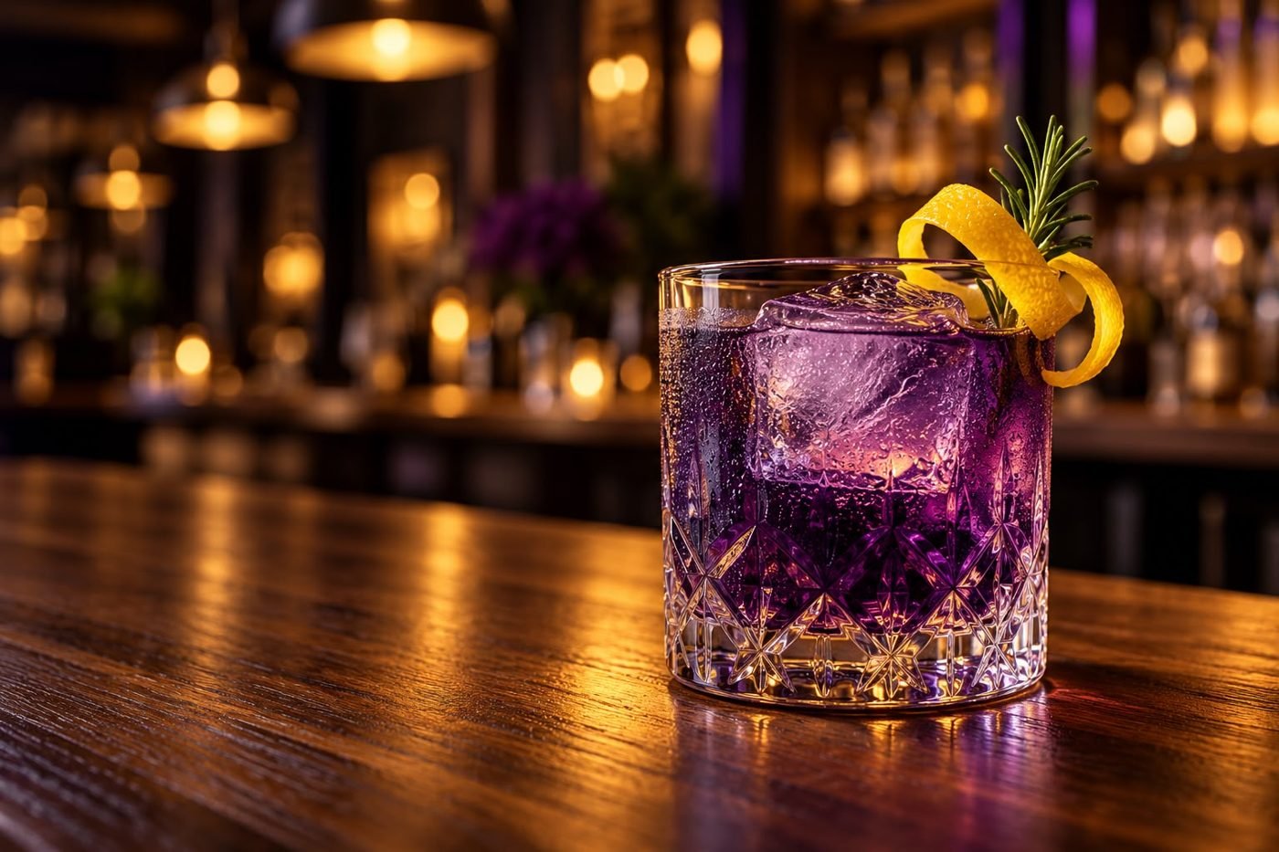 A purple cocktail with a lemon twist and rosemary on the bar at Wood N Frog