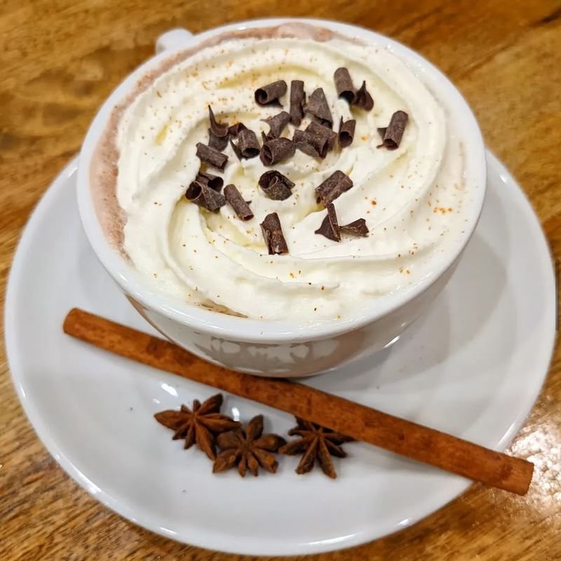Mayan hot chocolate topped with whipped cream, chocolate curls, cinnamon and star anise