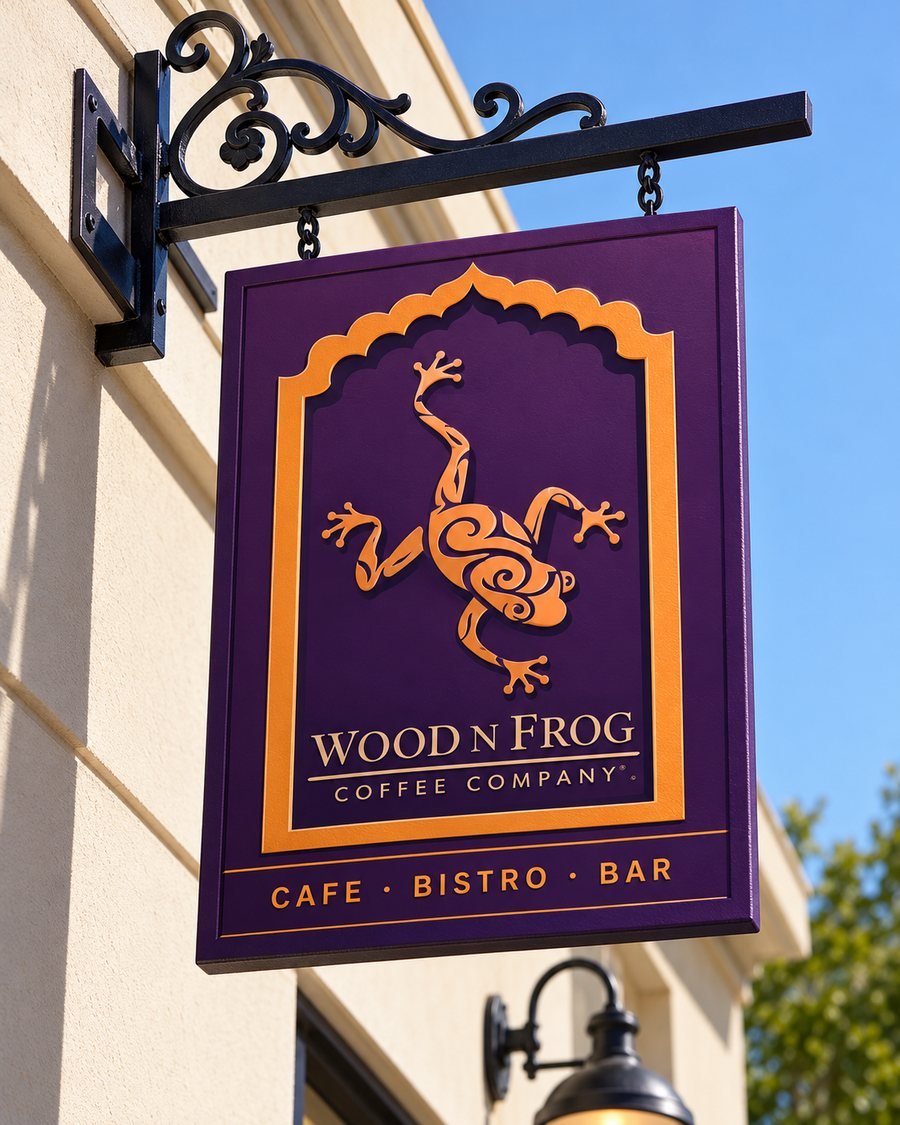 The purple and orange Wood N Frog Coffee Company hanging sign: Cafe, Bistro, Bar